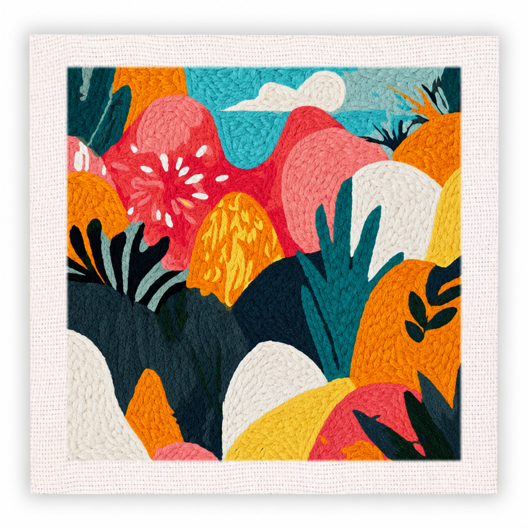 Abstract floral embroidery in pink, orange, teal, white, and yellow.