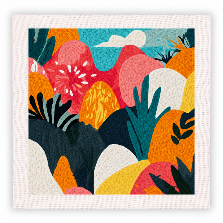Abstract floral embroidery in pink, orange, teal, white, and yellow.