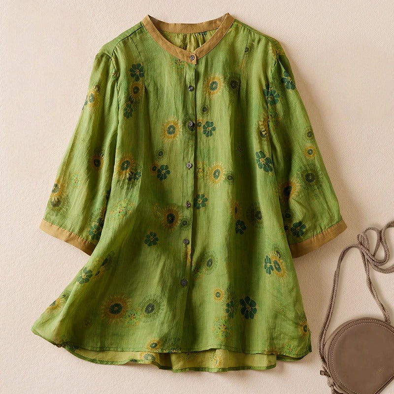 Women's Lightweight Linen Blouse with Standing Collar and Flowing Hem
