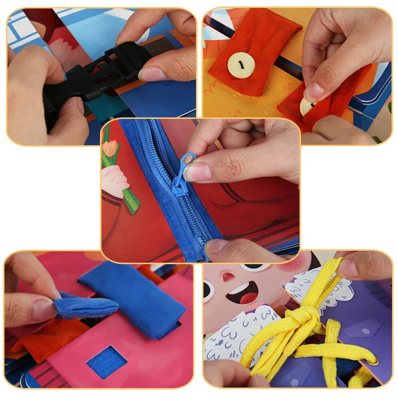 Hands practicing a buckle, button, zipper, hook-and-loop tab, and laces on the activity board