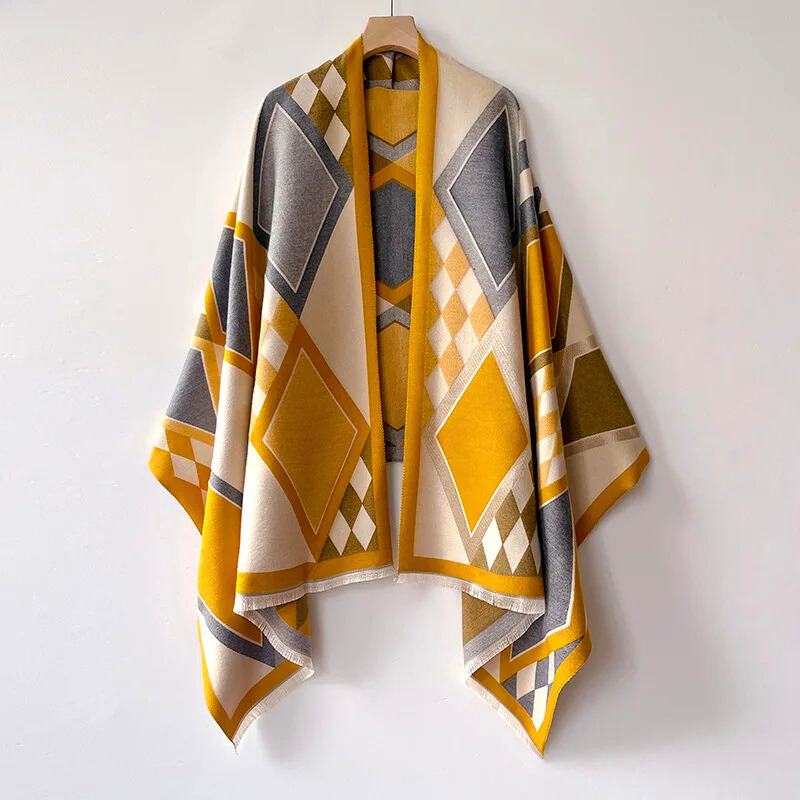 Cashmere Wool Blend Winter Shawl with Vibrant Nature-Inspired Patterns