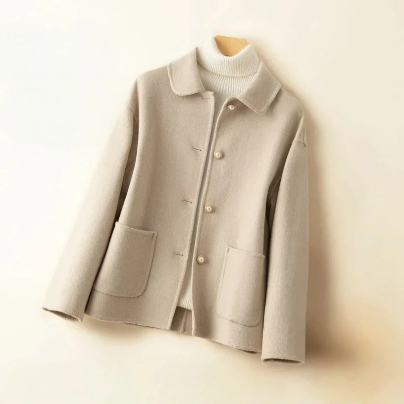 Short Cashmere Coat with Doll Collar and Front Pockets, Soft & Warm