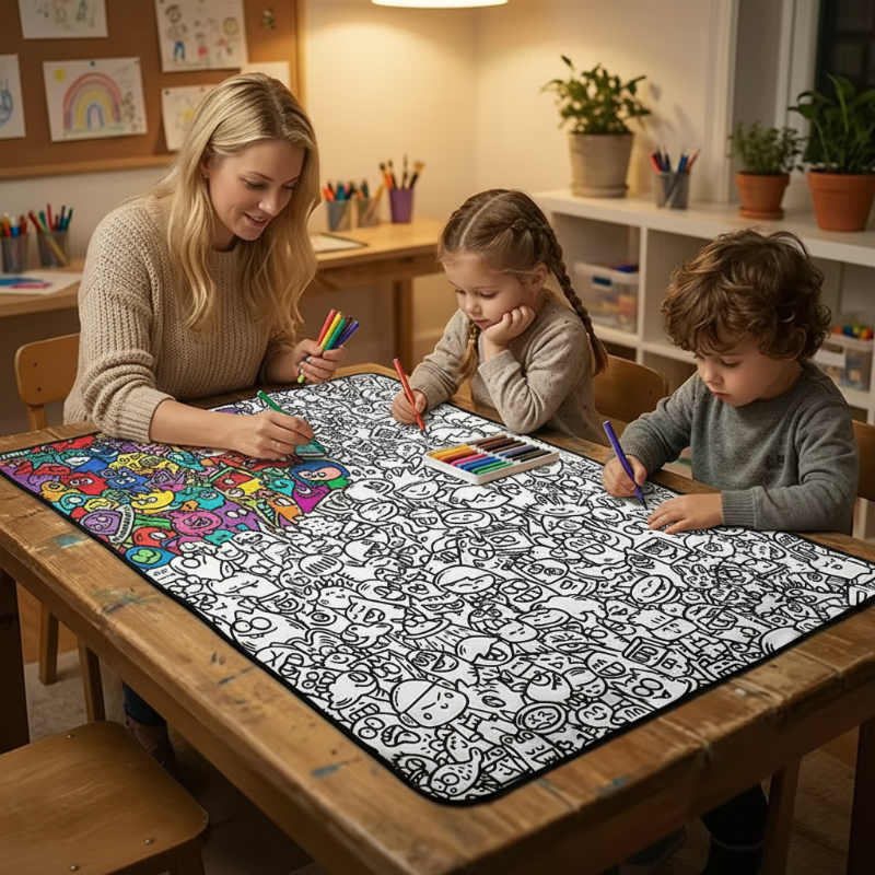 An adult and two children coloring a large illustrated fabric mat at a table