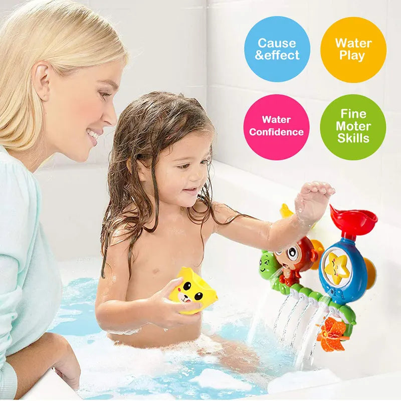 Child exploring an animal bath toy beside an adult, with water streaming into the tub