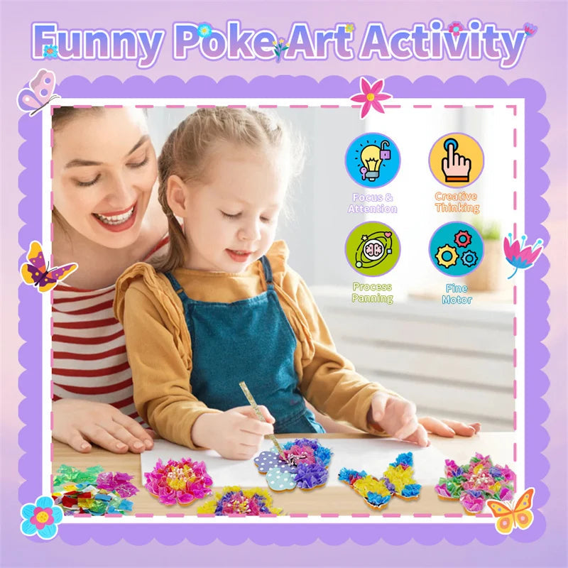 Adult and child adding fabric pieces to foam flowers at a craft table