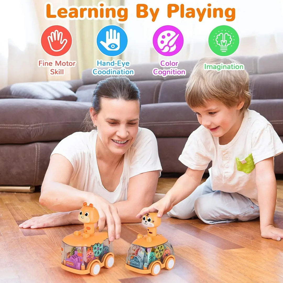 Adult and child playing with animal-themed gear cars on a wooden floor