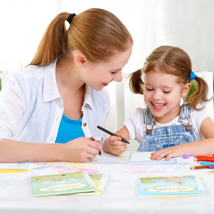 Adult and child working together on a handwriting practice page
