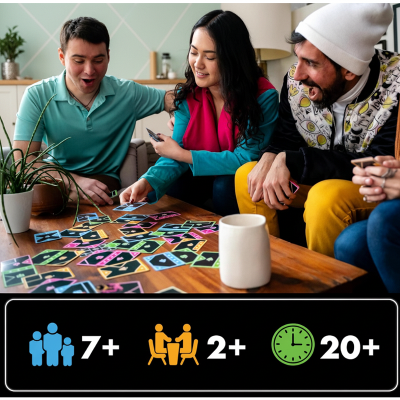Three adults playing the connecting card game around a table