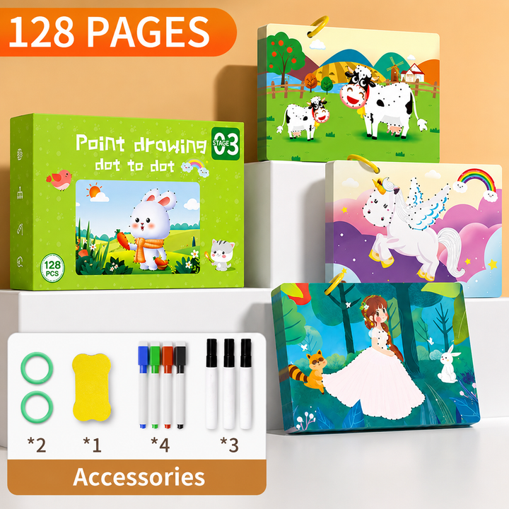 Level 3 dot-drawing workbook with illustrated pages, colored and black markers, rings, and an eraser.