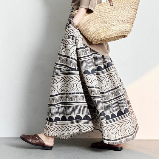 Delara — Breathable Linen Skirt with Bohemian Prints