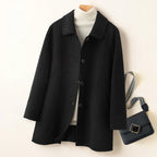 Mid-Length Wool Coat with Rounded Collar and Button Closure