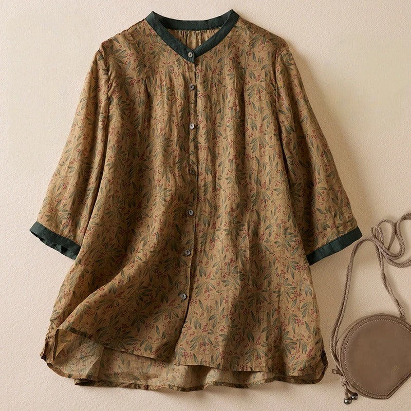 Women's Lightweight Linen Blouse with Standing Collar and Flowing Hem