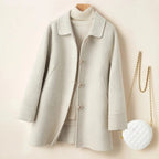 Mid-Length Wool Coat with Rounded Collar and Button Closure