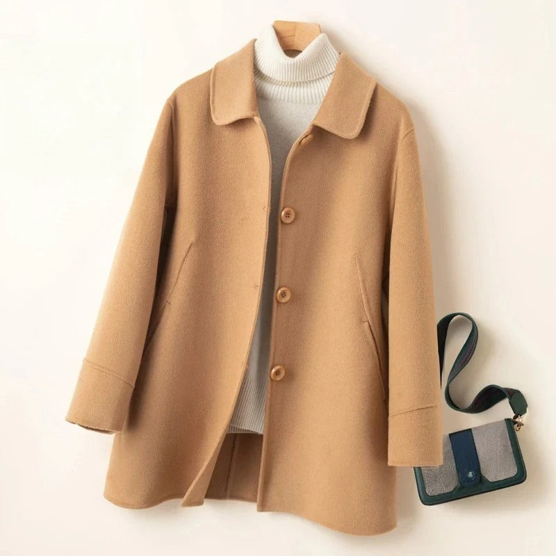 Mid-Length Wool Coat with Rounded Collar and Button Closure