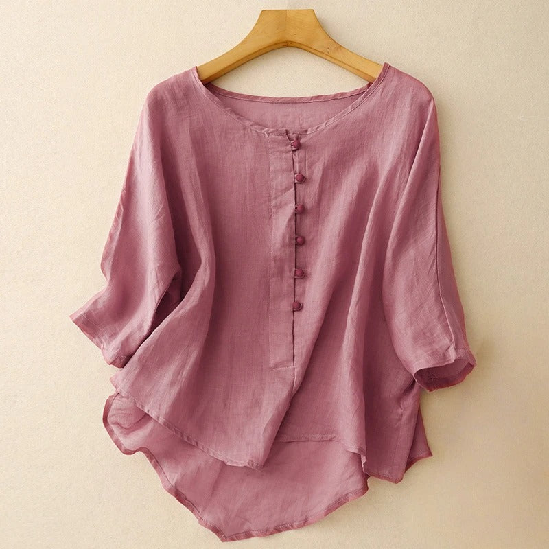 Linen Blouse with Soft Pleats and Fabric-Covered Buttons