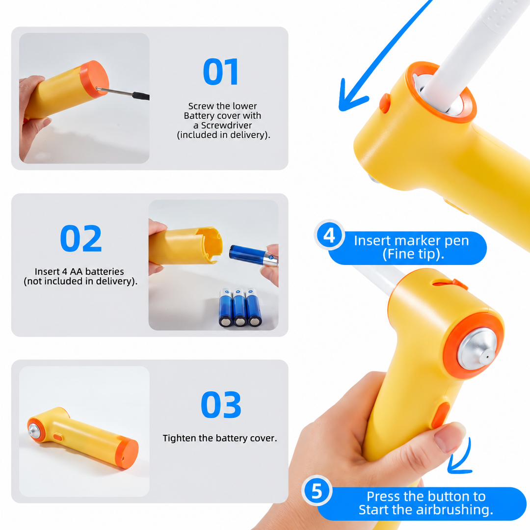 Setup guide showing battery installation, marker insertion, and the airbrush start button