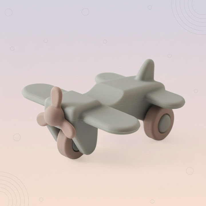 Gray-green airplane toy with a tan propeller and wheels
