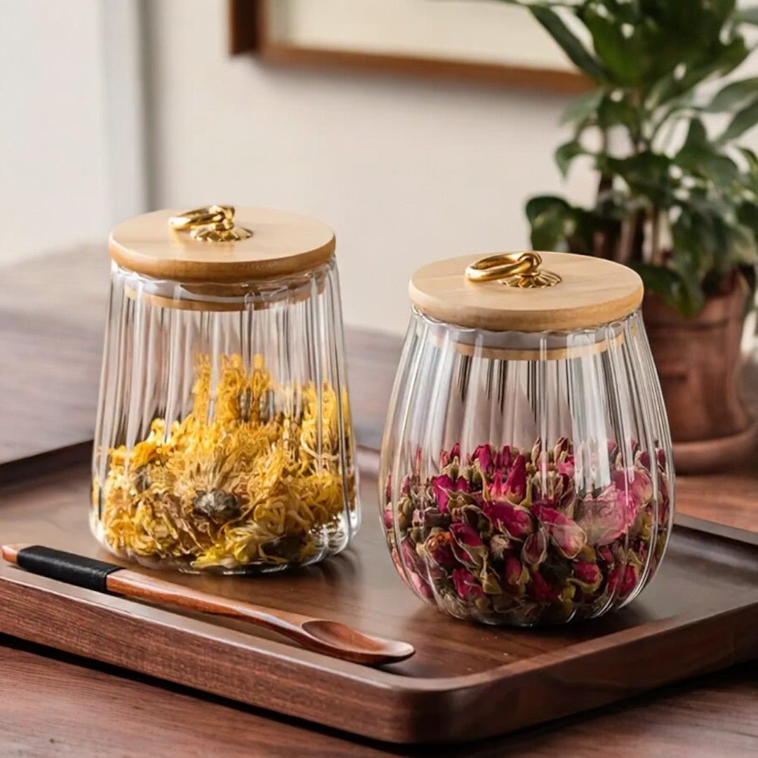Airtight Glass Storage Jar with Wooden Lid – Clear Borosilicate Kitchen Canister for Tea and Snacks 0