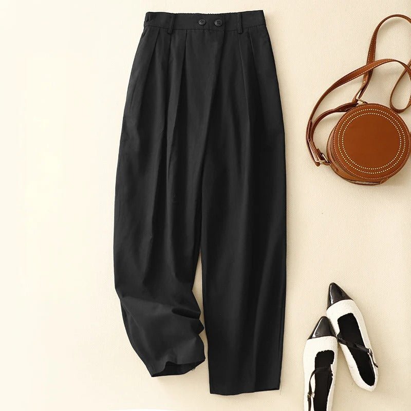 Alera Linen Pants — Breathable Tapered Linen Trousers with Pintuck Waist (Black XS) - | Zavonix