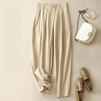 Alera Linen Pants — Breathable Tapered Linen Trousers with Pintuck Waist (Cream XS) - | Zavonix
