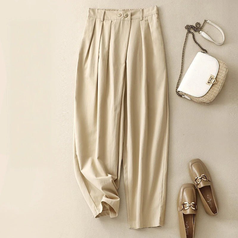 Alera Linen Pants — Breathable Tapered Linen Trousers with Pintuck Waist (Cream XS) - | Zavonix