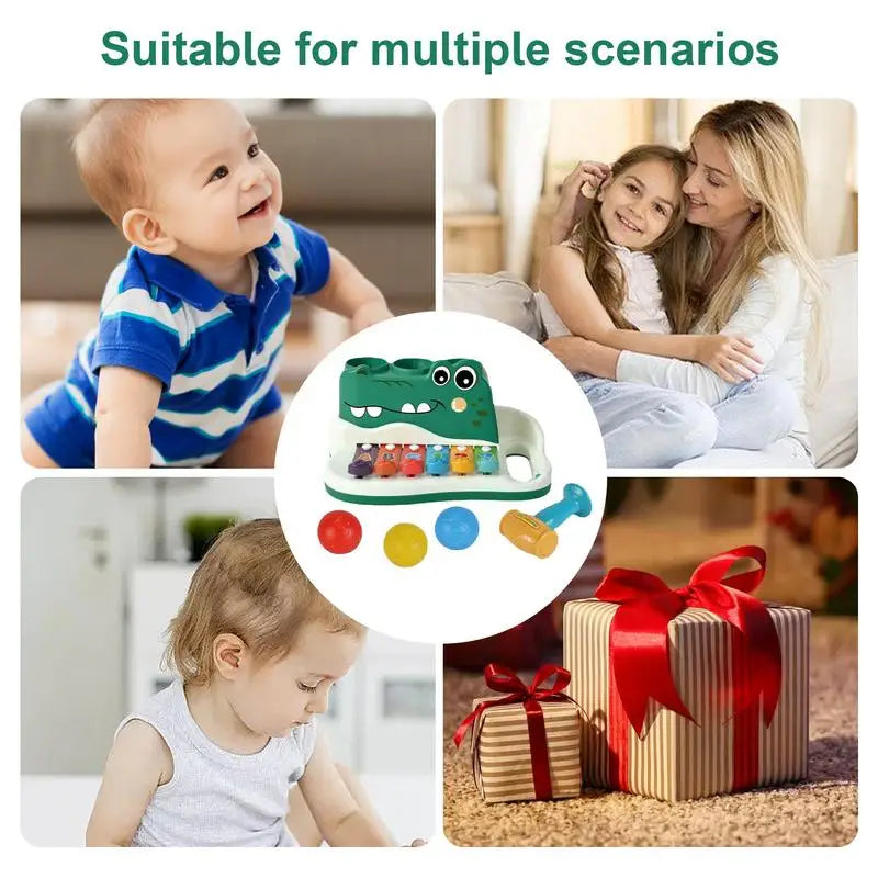 Collage of children, a parent, gift boxes, and the alligator musical toy