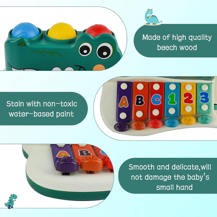 Detail panels showing the alligator face, colorful lettered and numbered keys, and the toy&