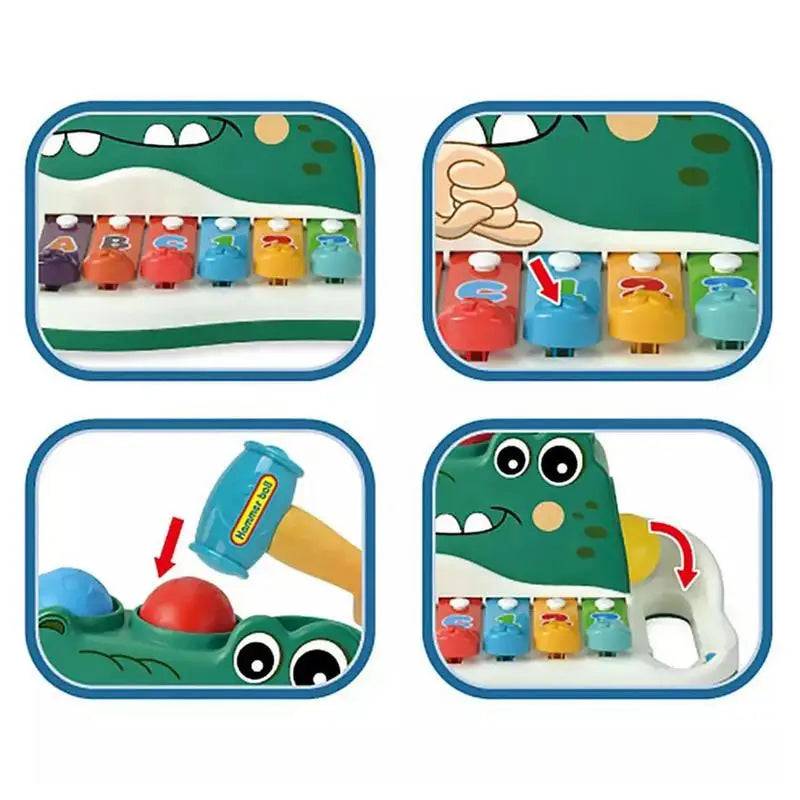 Close-ups showing a key being pressed, a hammer tapping a ball, and the toy&