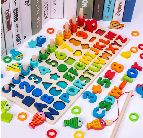 Alphabet wooden activity board with rainbow rings, letters, numbers, shapes, and fishing pieces