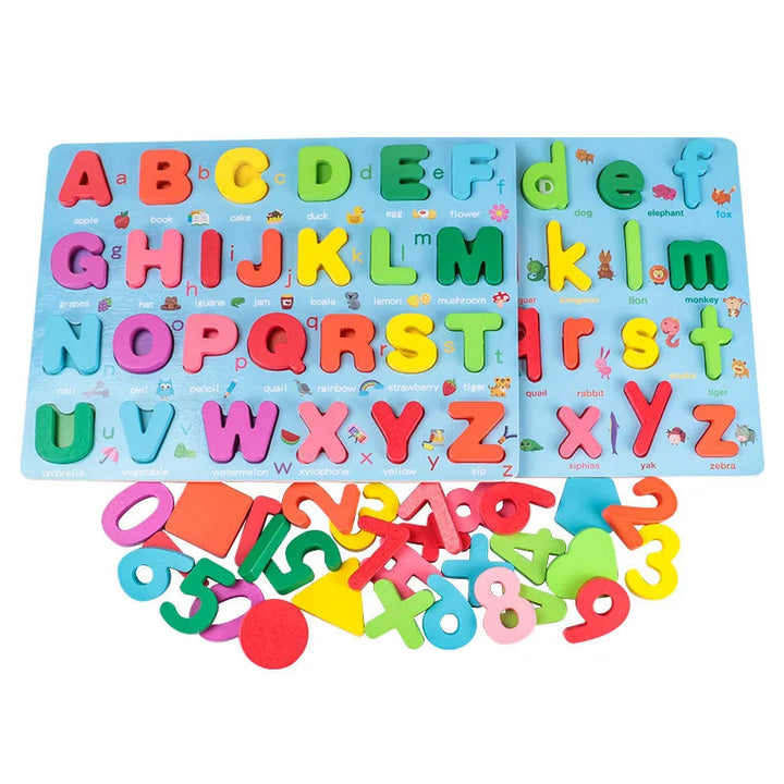 Uppercase and lowercase puzzle boards with loose letter, number, and shape pieces