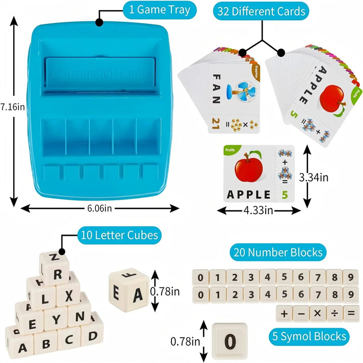 Contents chart showing the game tray, 32 cards, 10 letter cubes, 20 number blocks, and 5 symbol blocks.