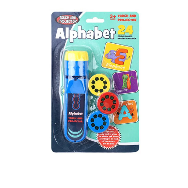 Blue alphabet projection flashlight with three slide discs in letter-themed packaging