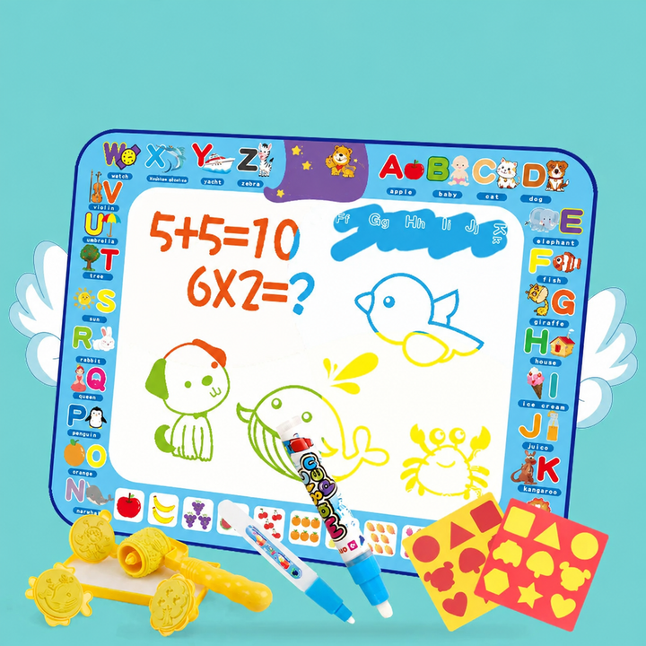 Blue alphabet-bordered water drawing mat with colorful doodles, water pens, stencils, and a pattern roller