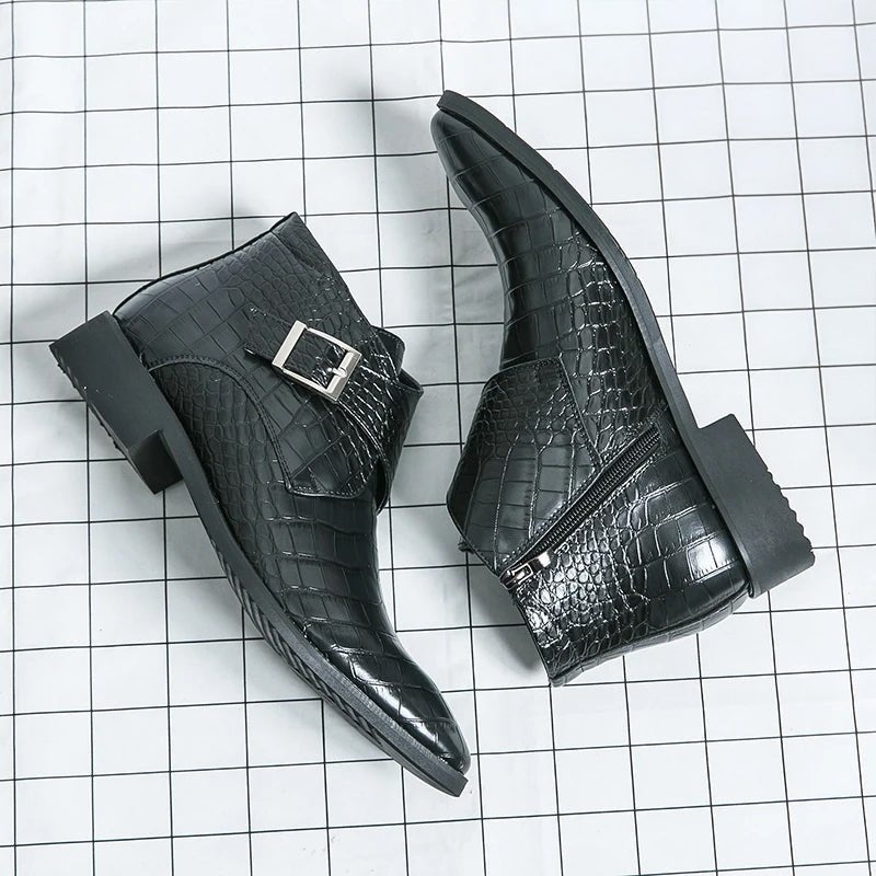Ambassador Ankle Crocodile - Textured Leather Boots (Black 7) - Leather Shoes | Zavonix
