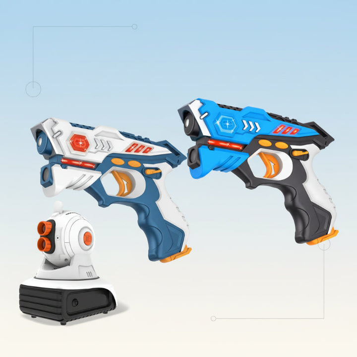Angular white and blue laser tag blasters displayed with a target projector