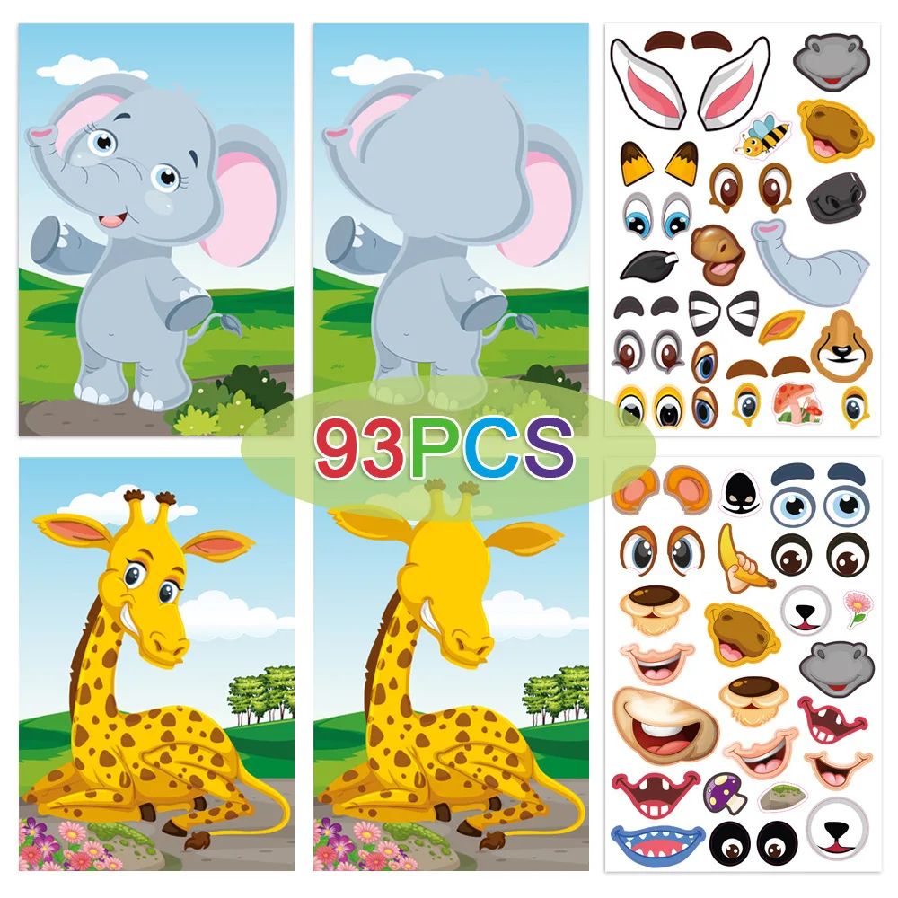 Animal theme with elephant and giraffe faces before and after decorating, plus 93 stickers