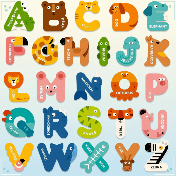 All 26 colorful animal-themed uppercase letter magnets arranged from A to Z