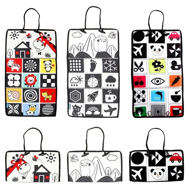 Three fabric sensory panel designs shown unfolded and folded, with animals and high-contrast patterns