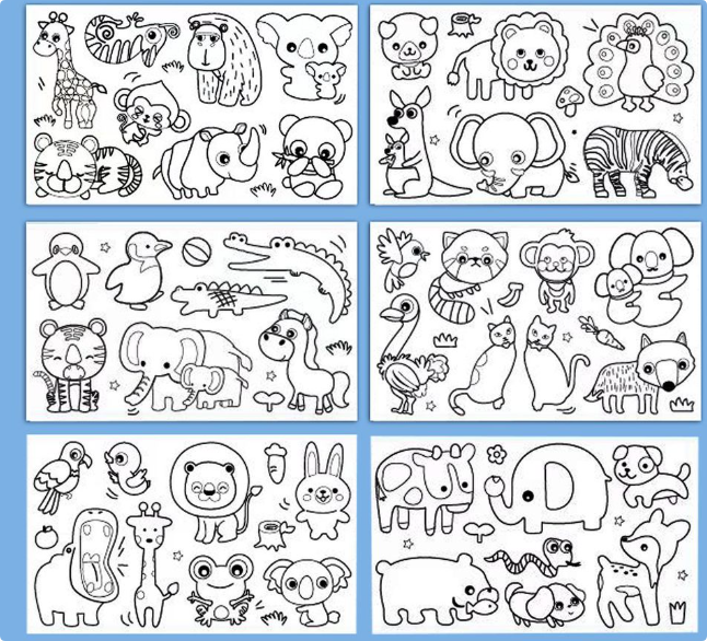 Six panels of animal coloring outlines including elephants, giraffes, lions, and koalas