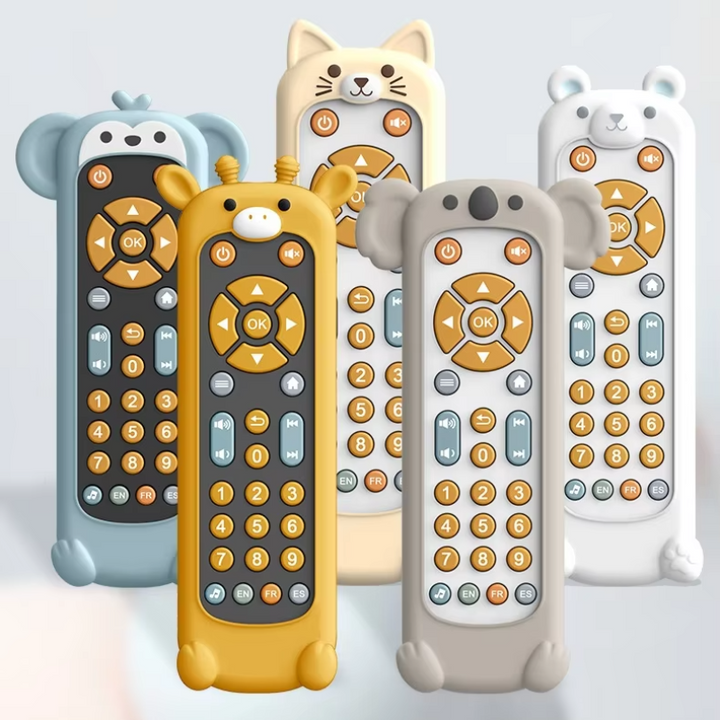 Toy remotes with monkey, giraffe, koala, cat, and polar bear silicone covers