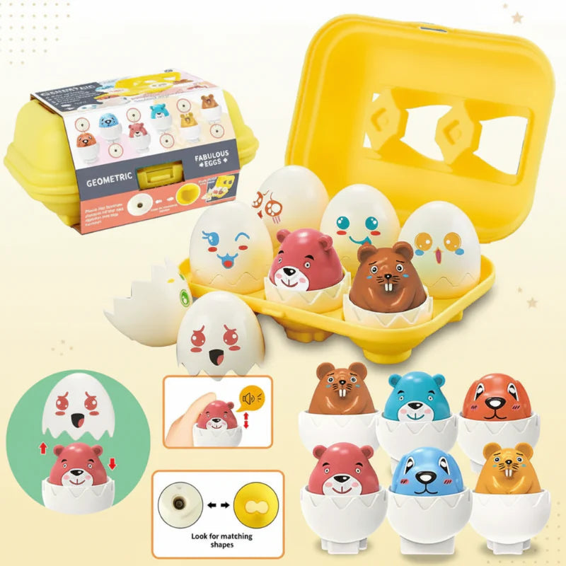 Animal egg puzzle with a yellow storage case, decorated white shells, and colorful animal figures