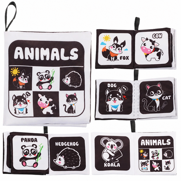 Animal fabric book with labeled fox, cow, dog, cat, panda, hedgehog and koala pages