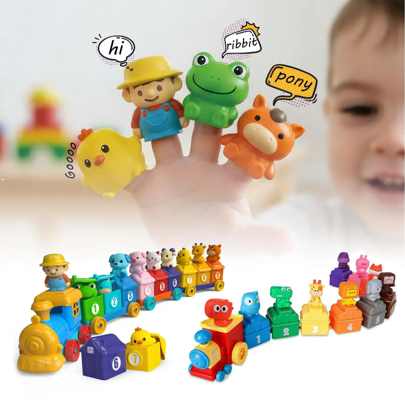 Animal finger puppets shown with colorful Farm Animals and Forest Animals train sets