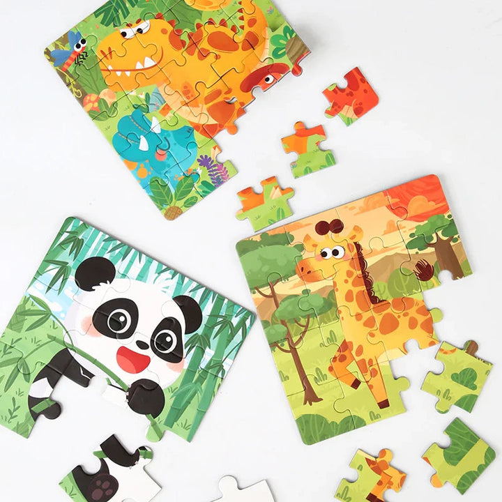 Panda, giraffe, and dinosaur jigsaw puzzles with pieces removed from each scene.