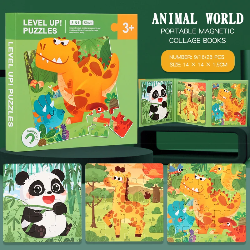 Animals puzzle book option with panda, giraffe, and dinosaur puzzles.