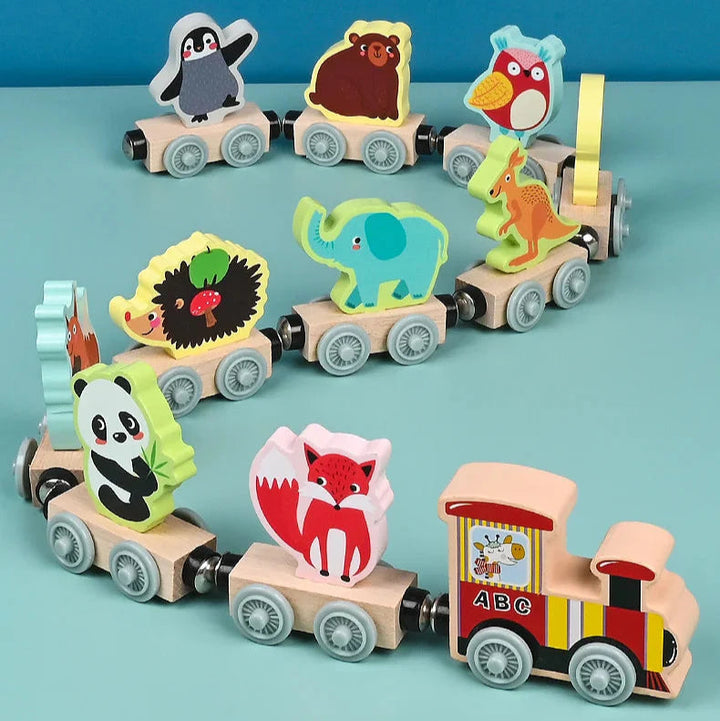 Wooden magnetic animal train with a panda, fox, elephant, and other animal cars