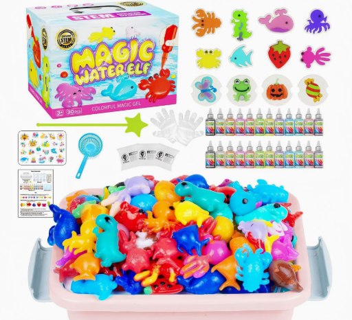 Colorful animal figures, shape molds, color bottles, and craft accessories displayed with a pink tray