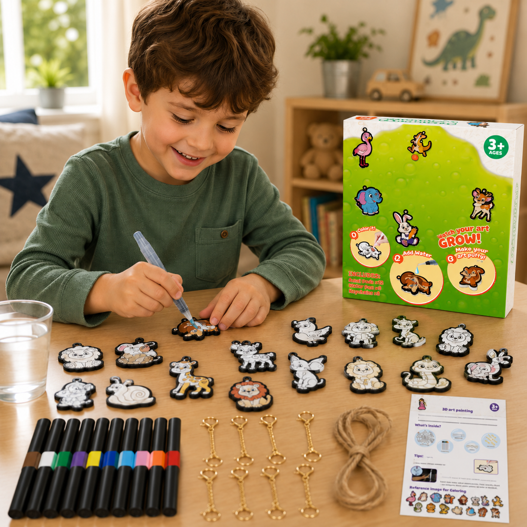 Child coloring an animal paper pattern beside the animal craft kit and included supplies