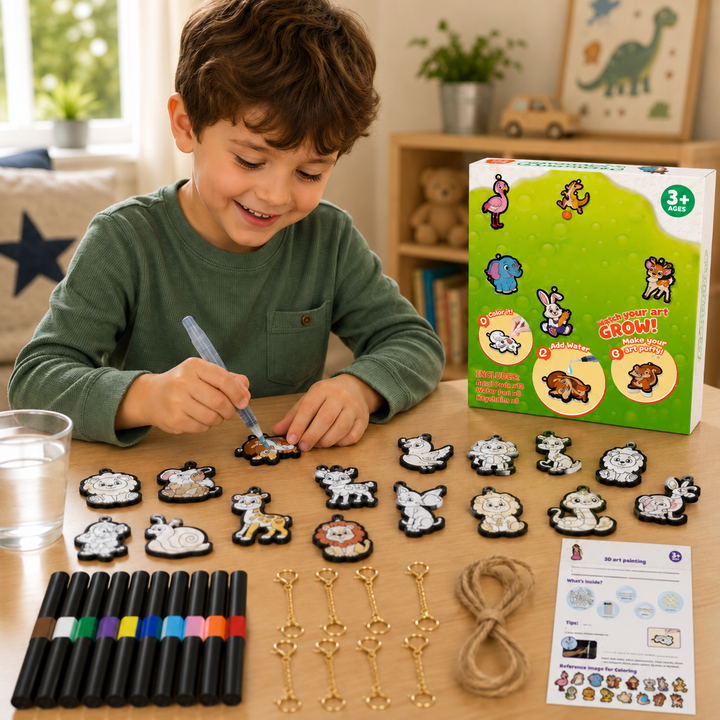 Child coloring an animal paper pattern beside the animal craft kit and included supplies