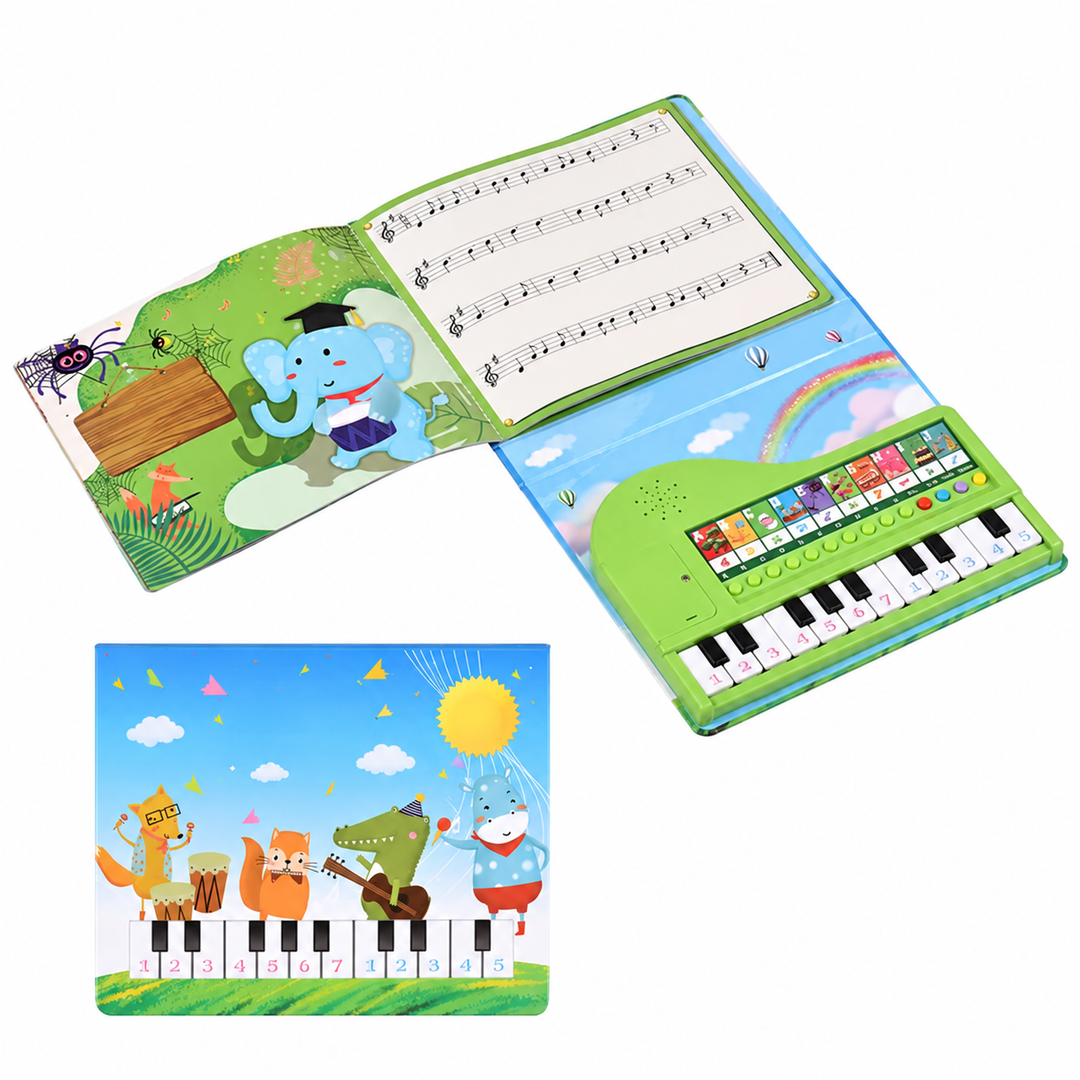 Open and closed piano activity book with animal illustrations, sheet music, and a built-in keyboard